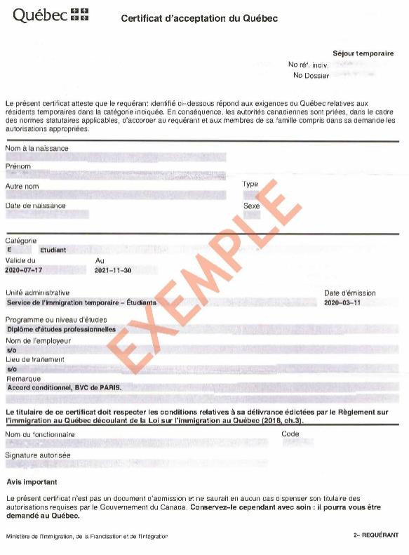 Exemple de Certificat d’acceptation du Québec